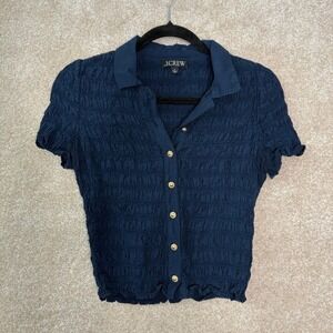 J.CREW Smocked Button Up Shirt Top Women's Size Small Blue Gold Button Cute